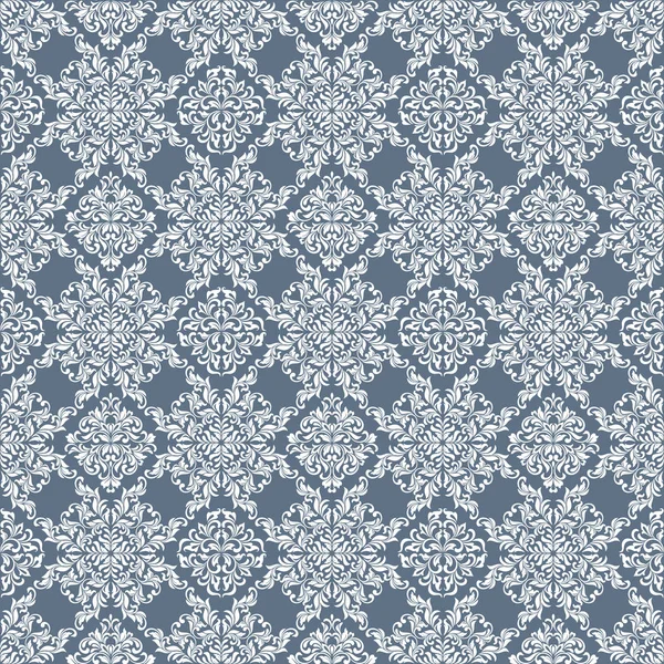 Naadloze patroon met sierlijke damast ornament op een grijze achtergrond. Ontwerpen van krullen en plant elementen. Ideaal voor textiel afdrukken en wallpapers. — Stockvector