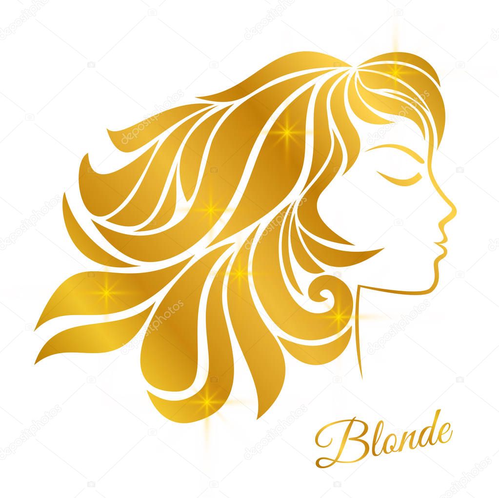 Profile of a blonde girl with golden hair and shine isolated on a white background.