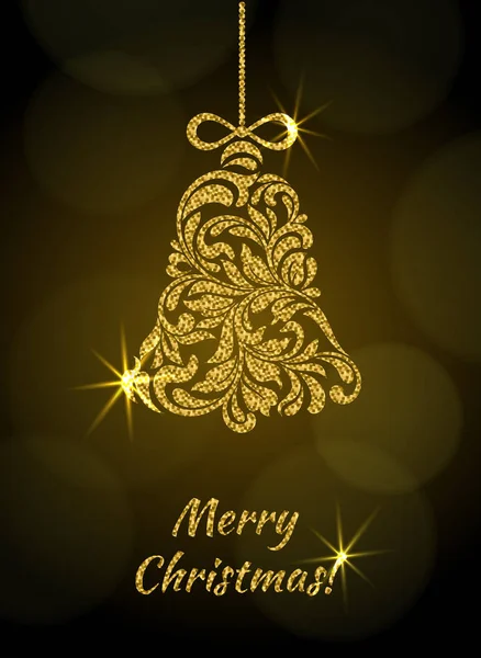 The Christmas bell with sparks and gold glitter from a floral ornament. Dark background with bokeh — Stock Vector
