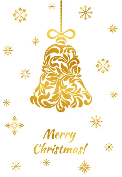 Merry Christmas. Golden Christmas bell from a floral ornament. Christmas bell, snowflakes and text isolated on a white background. — Stock Vector