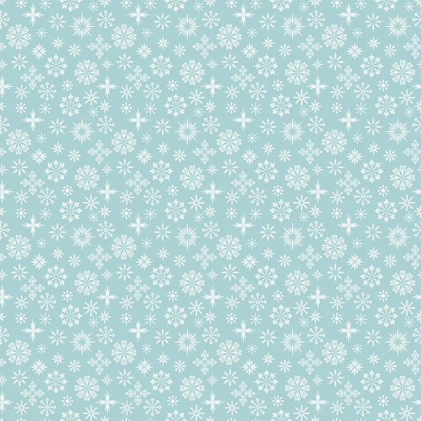 Schema senza soluzione di continuità. Diversi fiocchi di neve bianchi su uno sfondo azzurro. Texture invernale per la stampa, carta da parati, arredamento domestico, tessile, design del pacchetto, invito o sfondo del sito web . — Vettoriale Stock