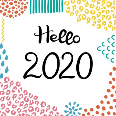 Mektup: Merhaba 2020. Elle çizilmiş yazı. Soyut el çizimleri olan bir arka plan. Pankart veya pankart için uygun
