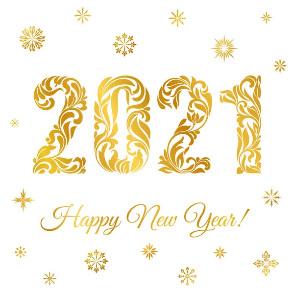 Boldog új évet 2021-ben. Hópelyhek és arany figurák fehér alapon elszigetelt virágdísszel. — Stock Vector