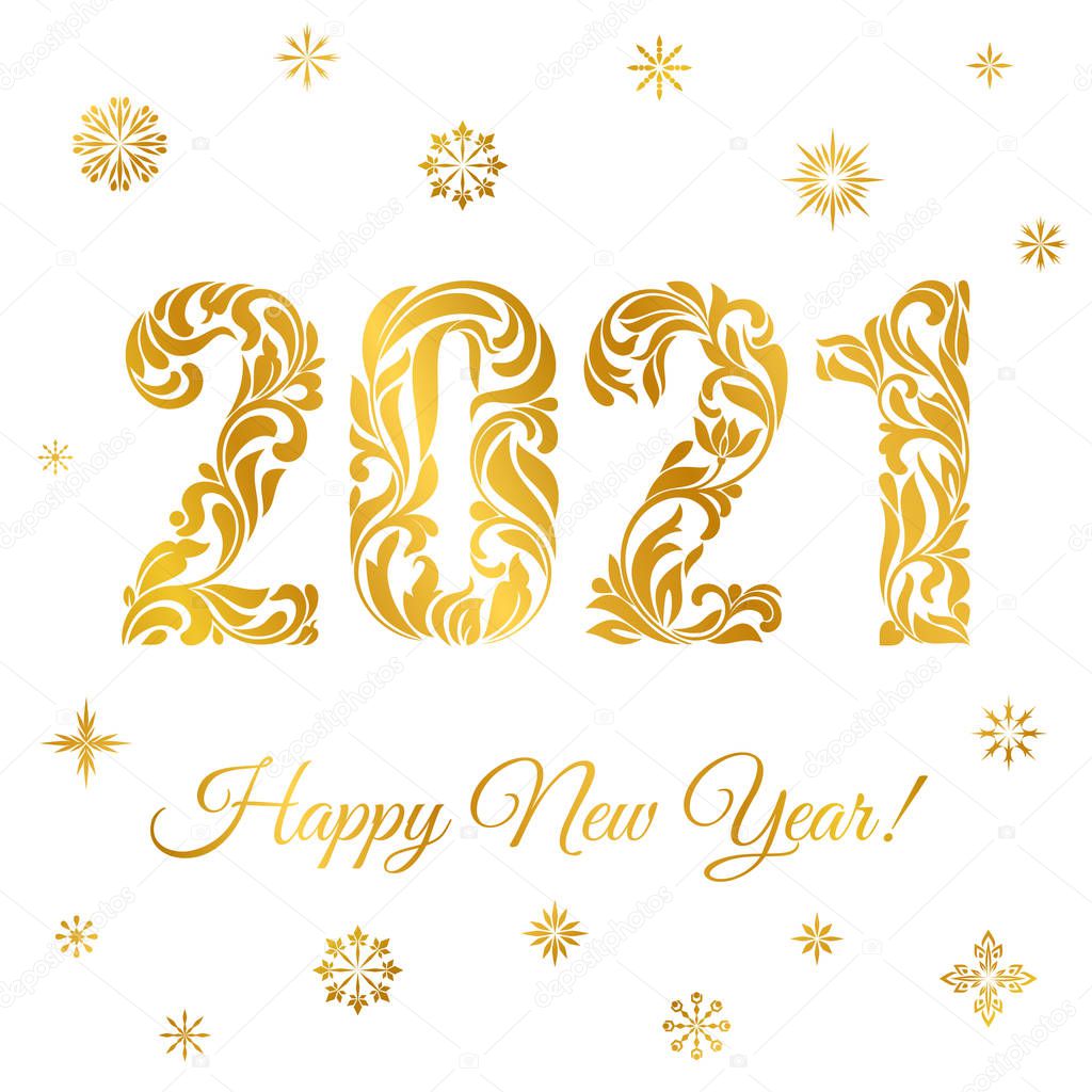 Happy New Year 2021. Snowflakes and golden figures with made in floral ornament isolated on a white background.