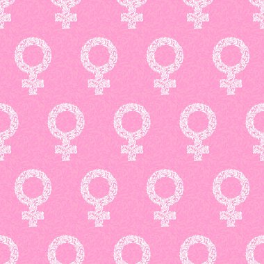 Kusursuz desen. Dekoratif pembe arka planda çiçek süsü bulunan kadın sembolleri. Yazdırma, duvar kağıdı, ev dekorasyonu, tekstil, paket tasarımı, davetiye veya web sitesi arkaplanı. 