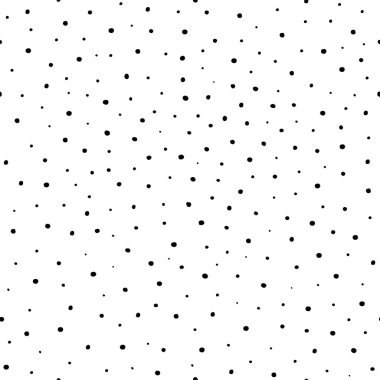 Kusursuz desen. Düzensiz şekilli siyah noktalar ve farklı boyutlarda kaotik bir şekilde beyaz arka planda izole edilmiş. Yazdırma, duvar kağıdı, ev dekorasyonu, tekstil, paket tasarımı için sanat dokusu