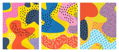 Farklı şekil ve dokulara sahip yaratıcı renkli arka planlar. Doodle sanatı. Yazdırma, tebrik kartı, afiş, poster, paket tasarımı için elverişli