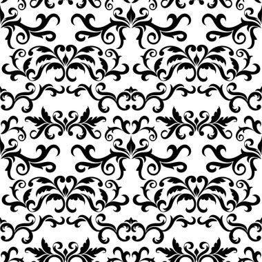 Kusursuz desenli, beyaz arka planda süslenmiş Damask süsü. Buklelerin ve bitki elementlerinin dizaynı. Tekstil baskısı ve duvar kağıtları için ideal.