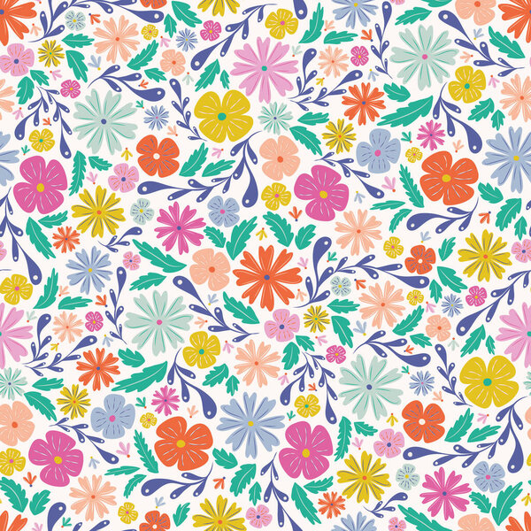 Colourful scattered floral seamless repeat vector pattern.