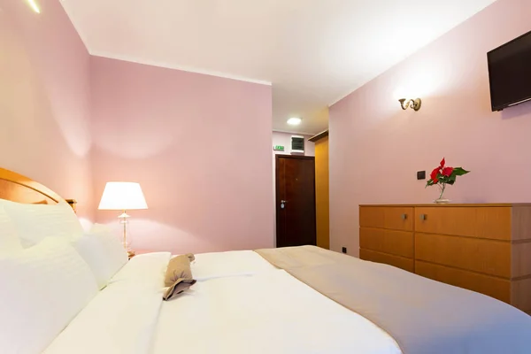 Hotelausstattung, Schlafzimmer mit Doppelbett — Stockfoto