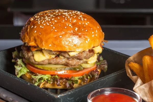 Dubbele hamburger met frietjes geserveerd — Stockfoto