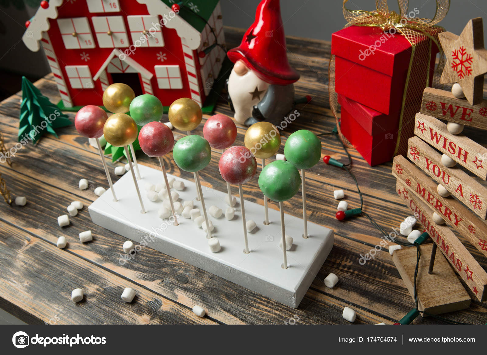Cake Pops On Christmas Decorated Wooden Table Stock Photo