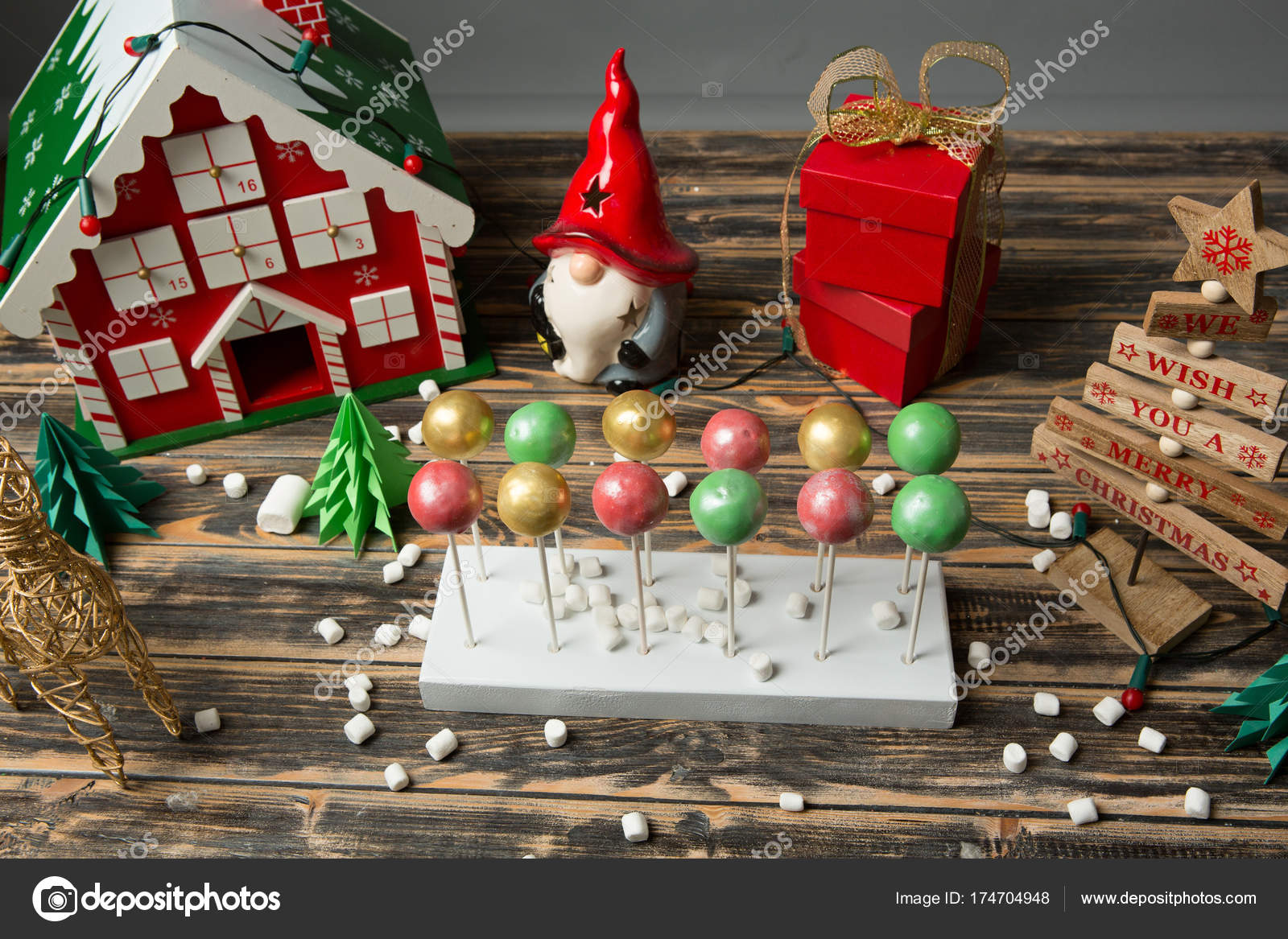 Cake Pops On Christmas Decorated Wooden Table Stock Photo