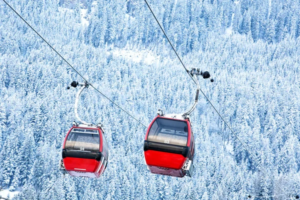 Röd gondola bil lyft på skidorten över skogsträd — Stockfoto