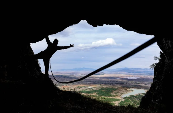 Escalada Con Cuerda Cueva — Foto de Stock