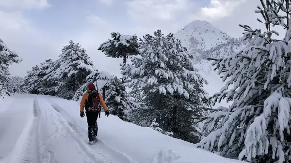 A história de um homem que constantemente explora para montanhas nevadas , — Fotografia de Stock