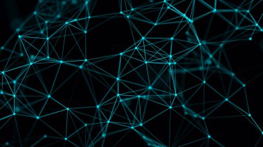 Uzayda üçgen şekillerin dağılımı. Soyut dijital bağlantı noktaları ve çizgileri. Teknoloji geçmişi. Pleksus etkisi. Ağ bağlantısı yapısı. 3d