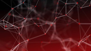 Noktaları ve çizgileri birleştiren kırmızı soyut uzay. Ağ bağlantısı yapısı. Karanlık arka plan. 3B görüntüleme.