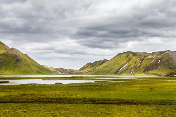 Paisaje verde con lago y colinas en Islandia — Foto de Stock