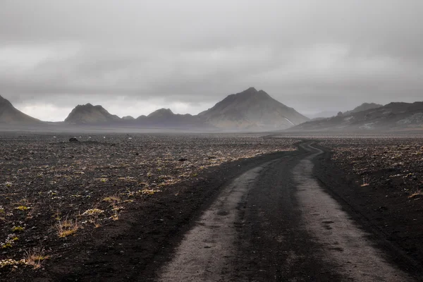 Karanlık, İzlanda yatay yeşil yosun ve siyah road, İzlanda — Stok fotoğraf