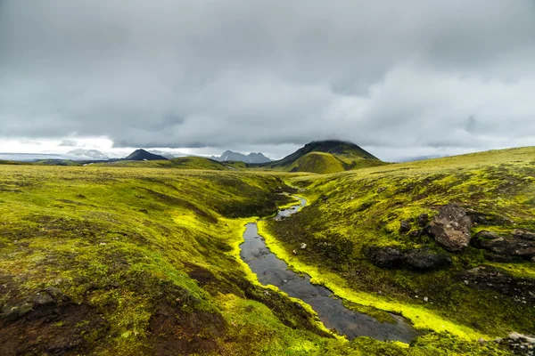 Темно-исландский пейзаж с зеленым мхом — стоковое фото