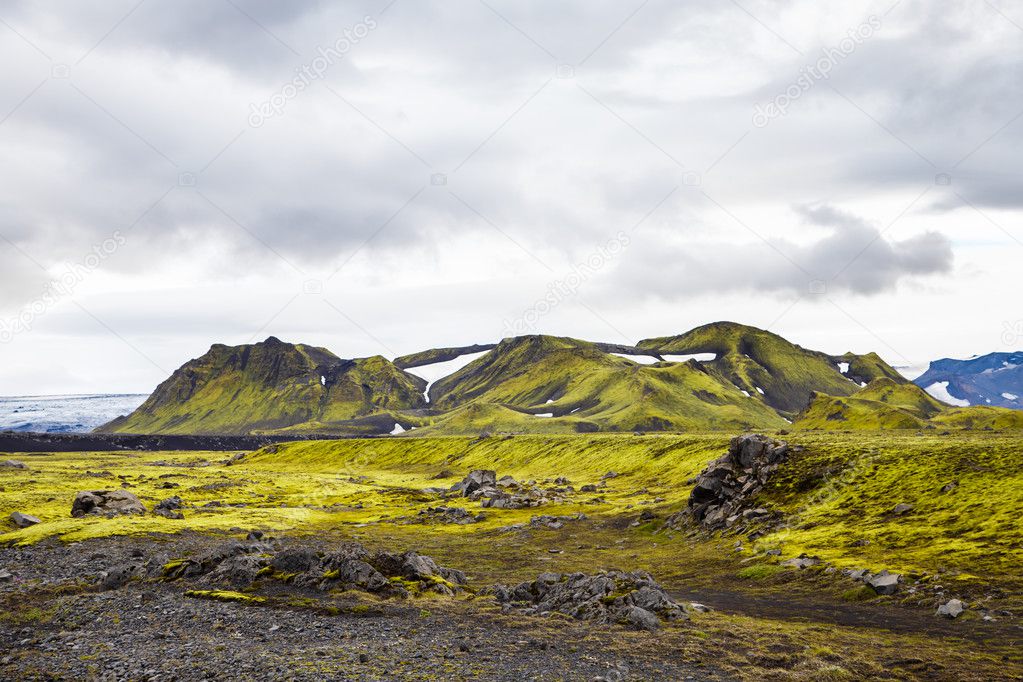 Dark Iceland landscape with green moss