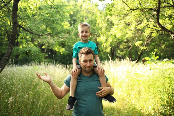 Happy Loving Father Son Playing Hugging Family Walk Summer Time Stock Photo