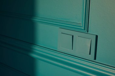 Minimalist iç tasarımda elektrikli ev yapımı lacivert düğmeler. Şık bir yatak odası ve oturma odasının kapı kolu. Tahta parke odası. Model için iç oda. İskandinav tarzı.