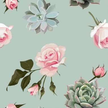 Gül ve succulents vektör seamless modeli