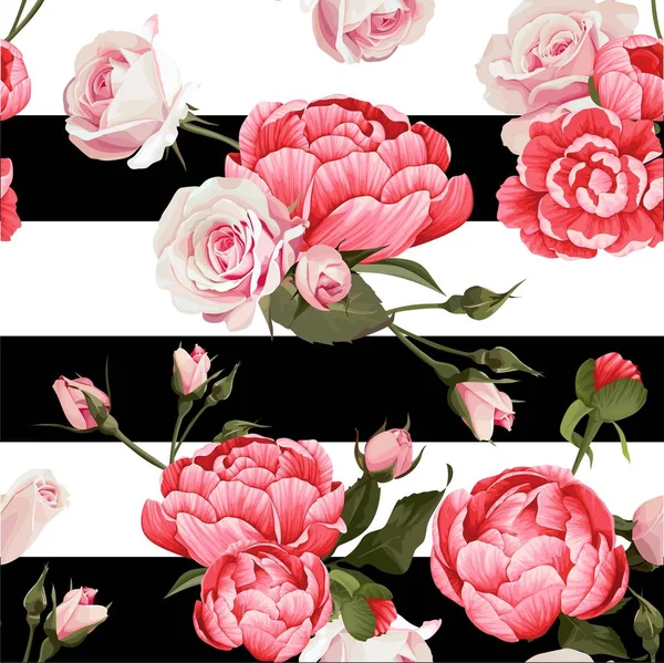 Peony And Roses Vector Seamless Pattern — Stock Vector