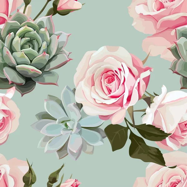 Suculentas e rosas padrão sem costura vetor — Vetor de Stock