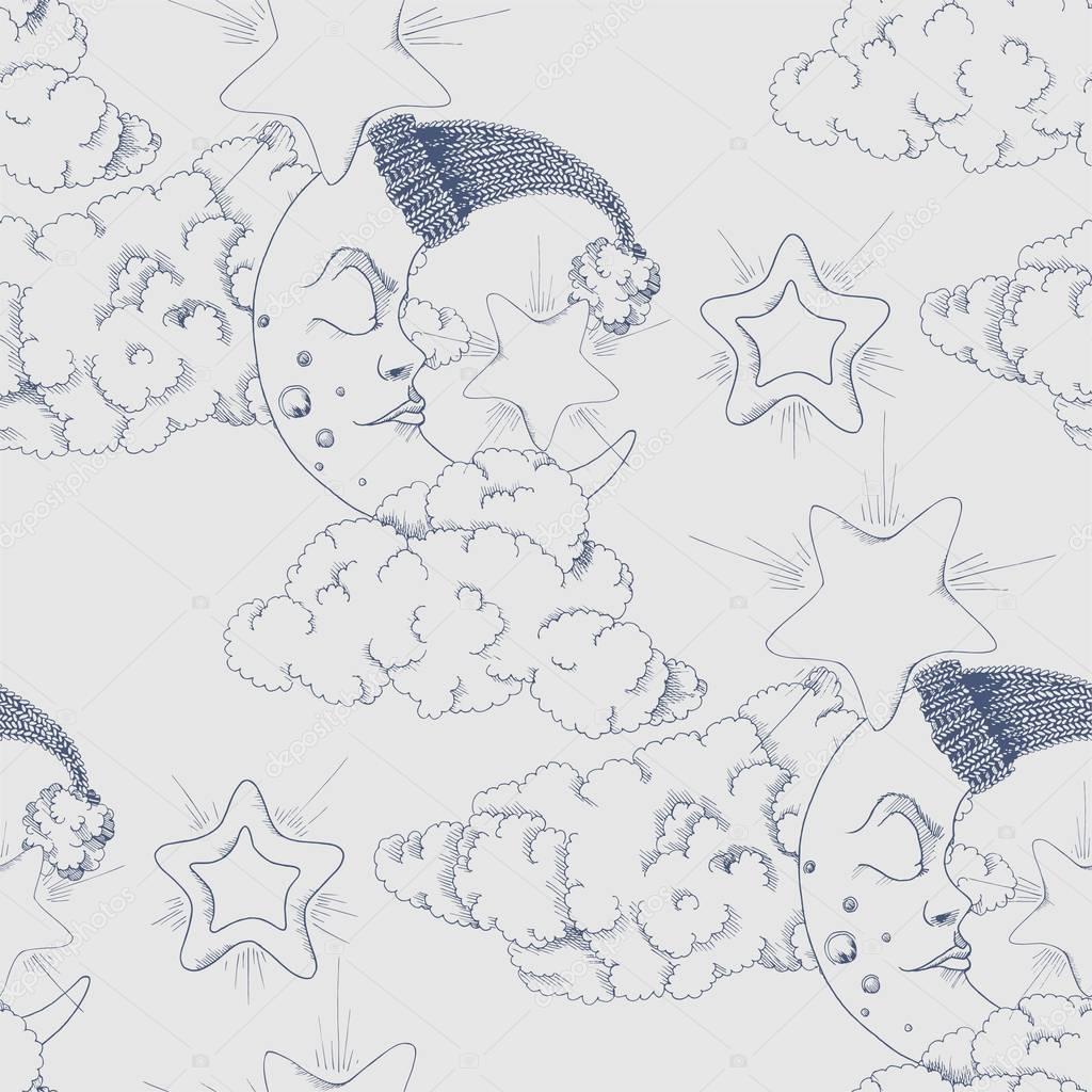 Clouds, stars and crescent vector seamless pattern
