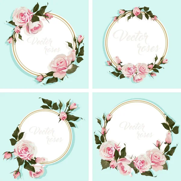 Cartão romântico com rosas Convite com moldura redonda florida —  Vetores de Stock
