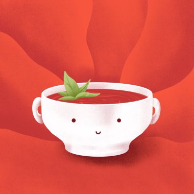 Domates çorbası kırmızı desenli. Sosyal medya yayını için Kawaii gıda imajı