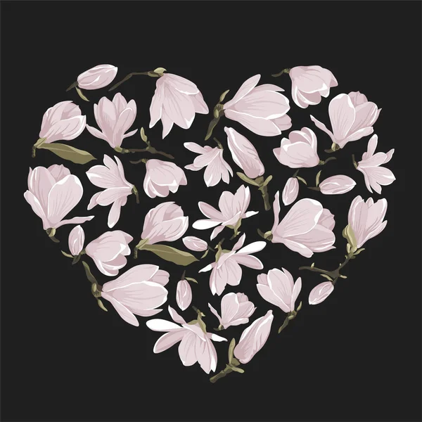 Vector floral heart of magnolia set. Floral pink bouquet on a black background. Valentines greeting card — Stock Vector