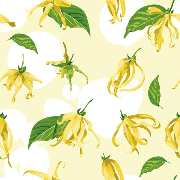 Patrón sin costura vectorial con ylang ylang sobre un fondo amarillo con pinceladas blancas Textura floral con flores tropicales silvestres — Vector de stock