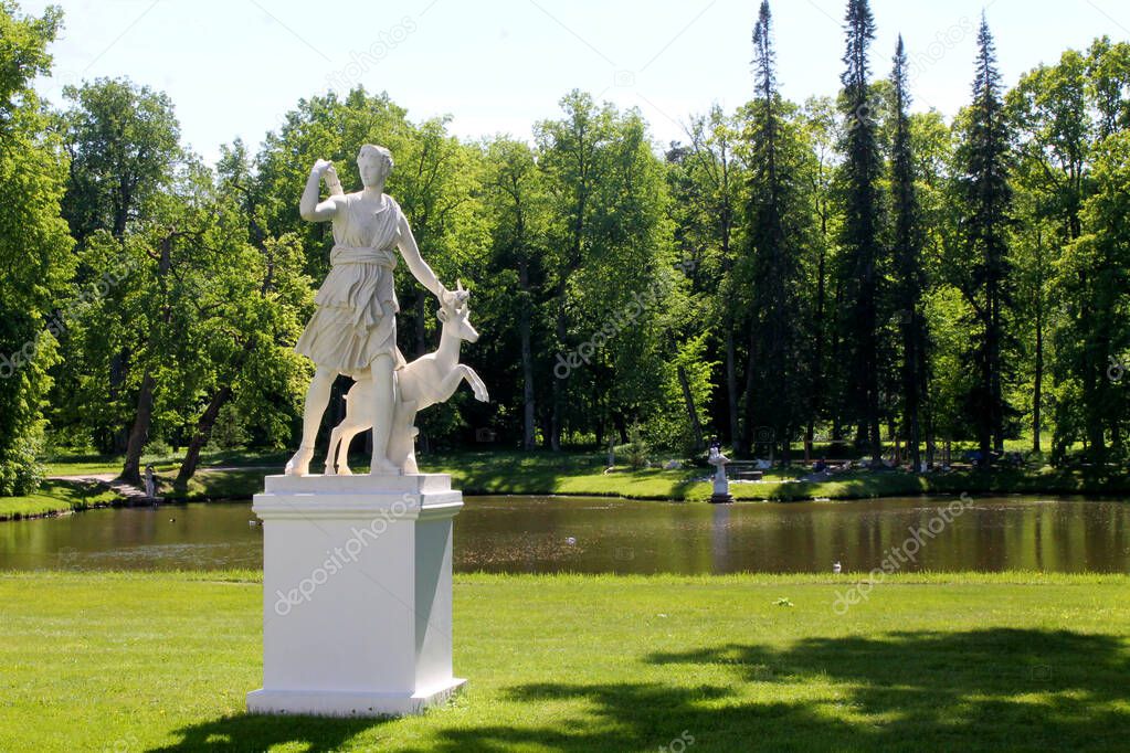 Diana of Versailles Sculpture in Oranienbaum. Sculpture with an animal.