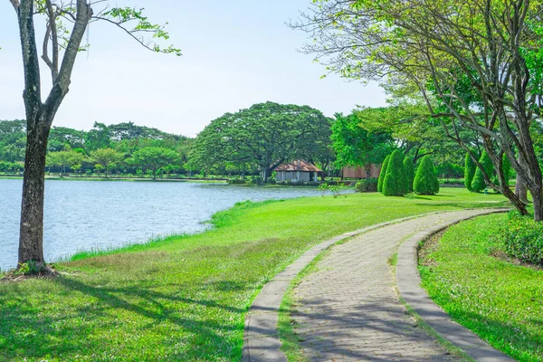 Hermosa Escena Parque Buen Mantenimiento Del Jardín Junto Lago Azul — Foto de Stock