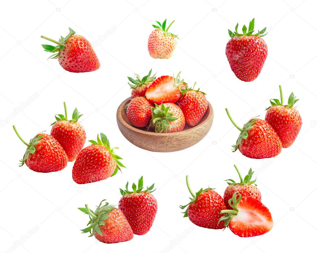 Collection of fresh berry fruit , two round and a half sliced of red strawberry isolated on white background, die cut with clipping path