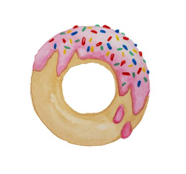 Suluboya el boyası resimlerinde tek kahverengi donut ve çilek kreması eritilmiş, renkli şeker şekeri tepeciği, kırpma yolu ile beyaz arkaplanda izole edilmiş nesne çizimi
