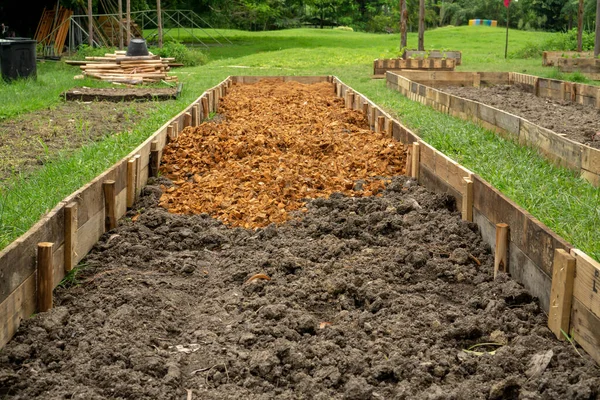 Preparação Solo Cordão Madeira Para Plantação Jardim Plantio Berçário Parque — Fotografia de Stock