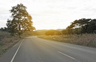 Dağlara giden uzun bir yolun bulanık fotoğrafı. Sol tepede büyük bir ağaç. Bulutlu gökyüzünün altında yol kenarında kurumuş çayır.