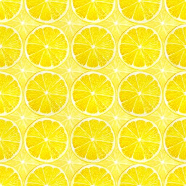 Suluboya el boyası çizimi daire şeklinde, dilimlenmiş sarı limon meyveleri, kumaş tekstil baskısı için tekrarlanan doku.