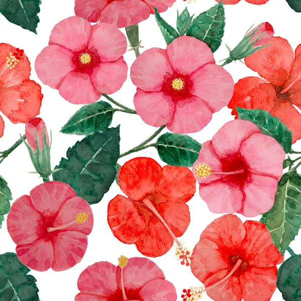 Aquarell Handmalerei Nahtloses Muster Rote Und Rosa Hibiskusblüte Grüne Blätter — Stockfoto