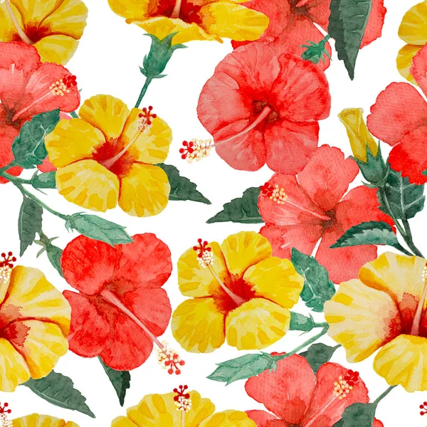 Aquarell Handmalerei Nahtloses Muster Rote Und Gelbe Hibiskusblüte Grüne Blätter — Stockfoto
