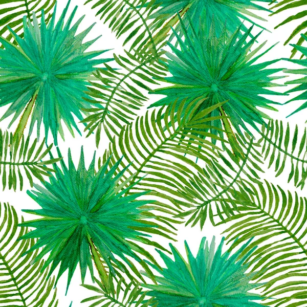 水彩画手绘无缝图案 绿色棕榈叶白色背景 自然热带植物图形和充满活力的多次印花纺织品 古色古香墙纸 — 图库照片