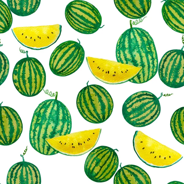 Aquarell Handmalerei Illustration Von Gelben Und Grünen Wassermelonenfrüchten Komponiert Runde — Stockfoto