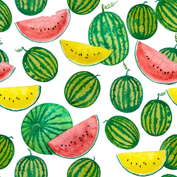 Ilustração Pintura Mão Aquarela Frutas Melancia Amarela Vermelha Composta Frutas — Fotografia de Stock