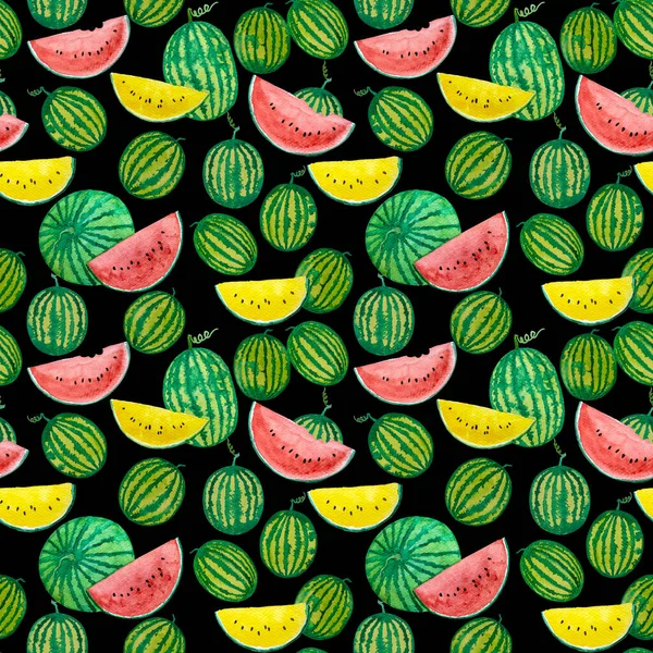 Aquarell Handmalerei Illustration Von Gelben Und Roten Wassermelonenfrüchten Komponiert Runde — Stockfoto
