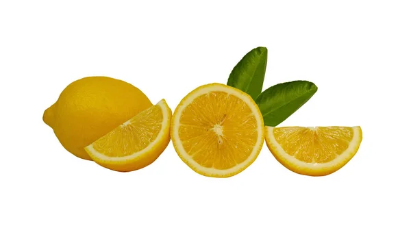 新鮮な黄色の熟したレモンのラウンドフルーツ 半分スライスされた果物と白い背景に隔離された緑の葉 クリッピング部分でカット死ぬ — ストック写真